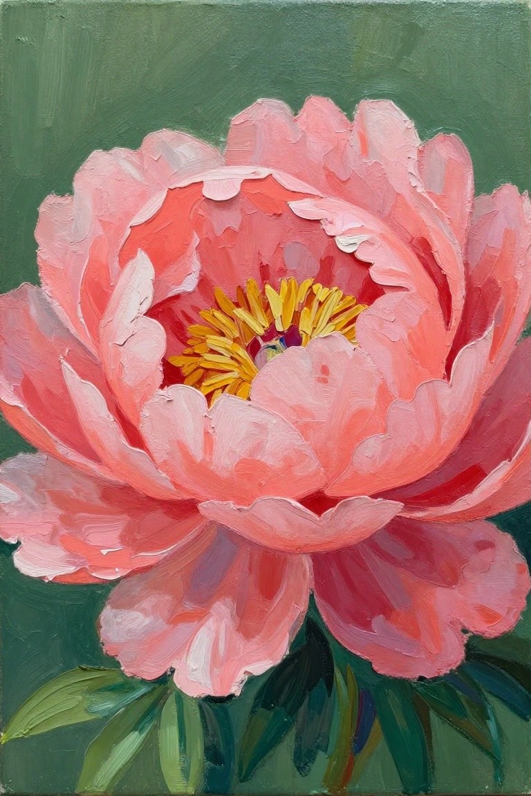 Close-up of a pink peony flower with ruffled petals, yellow stamens, and green leaves on a green background, painted with thick textured strokes.