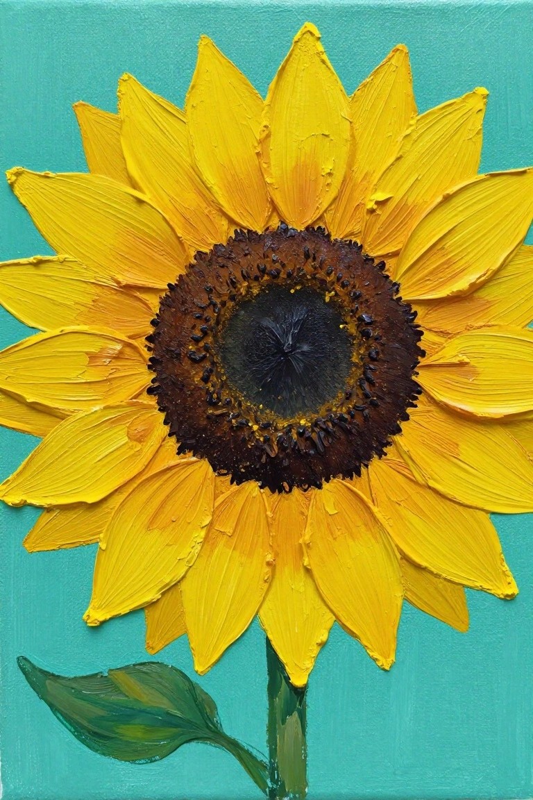 Acrylic painting of a large yellow sunflower with thick textured petals, dark brown center, green leaf, and stem on a teal canvas background.