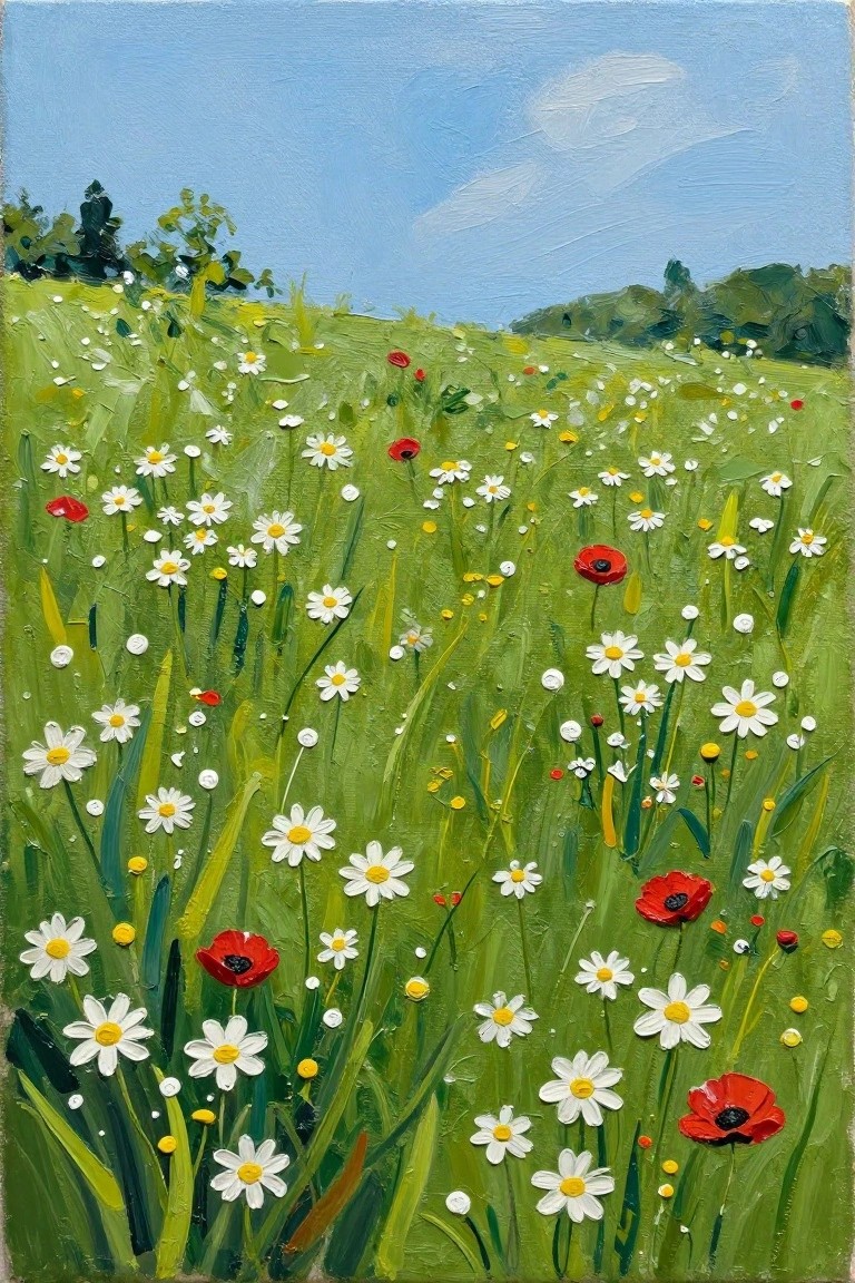 Acrylic painting of a green hillside meadow filled with white daisies and red poppies under a blue sky with trees in the background.
