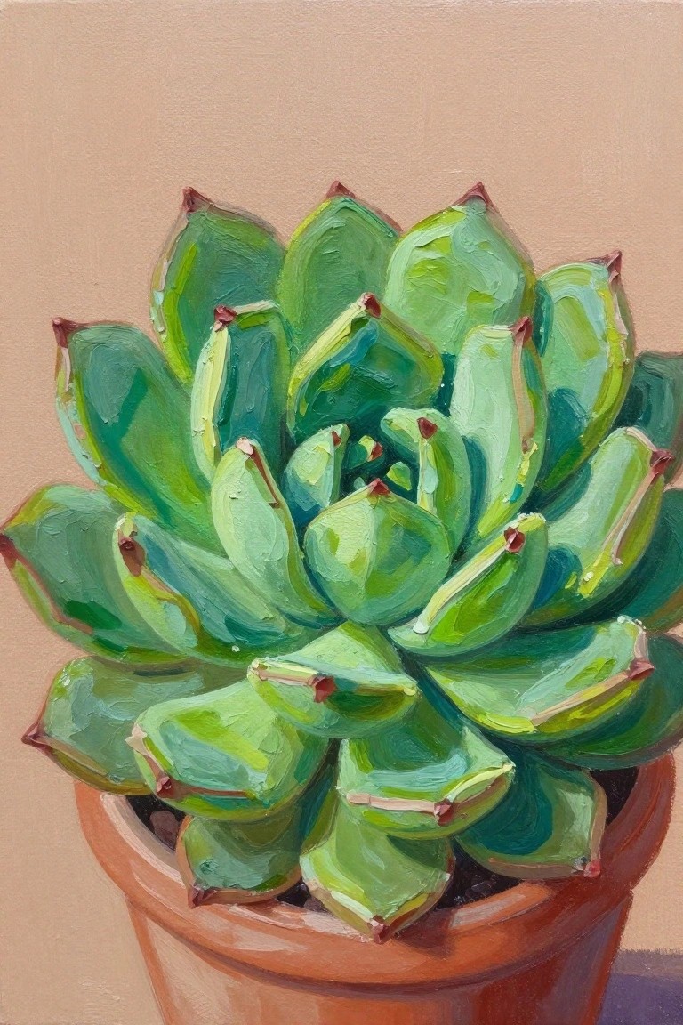 Acrylic painting of a green succulent with red-tipped leaves in a terracotta pot against a beige background.
