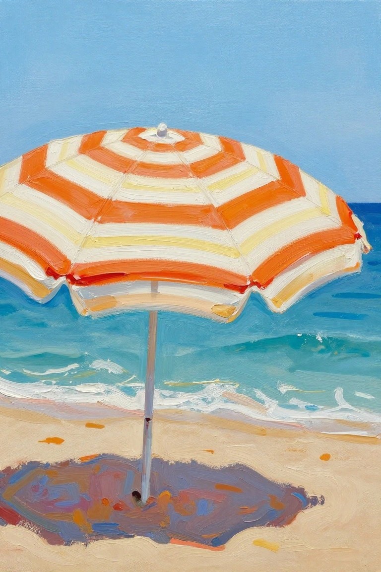 Acrylic painting of an orange-and-white striped beach umbrella on sand by blue-green ocean waves under a blue sky, with a multicolored shadow underneath.
