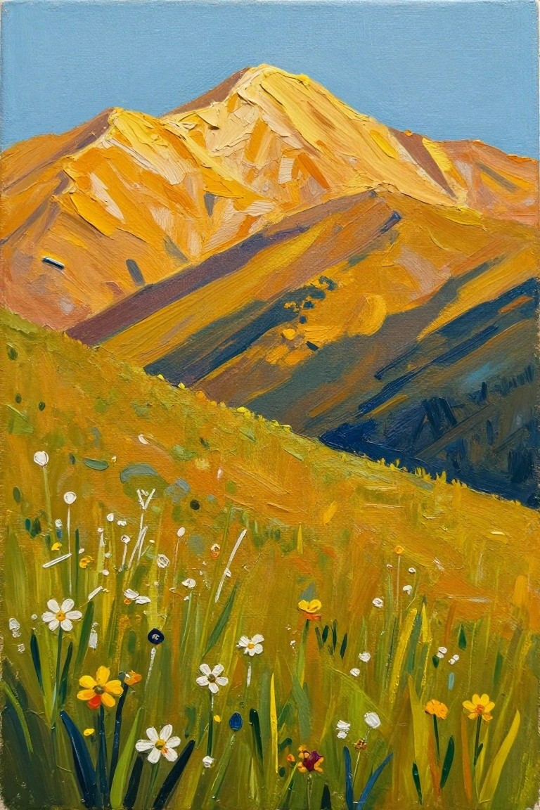 Acrylic painting of a golden mountain peak rising above a foreground meadow filled with white and yellow wildflowers under a blue sky.