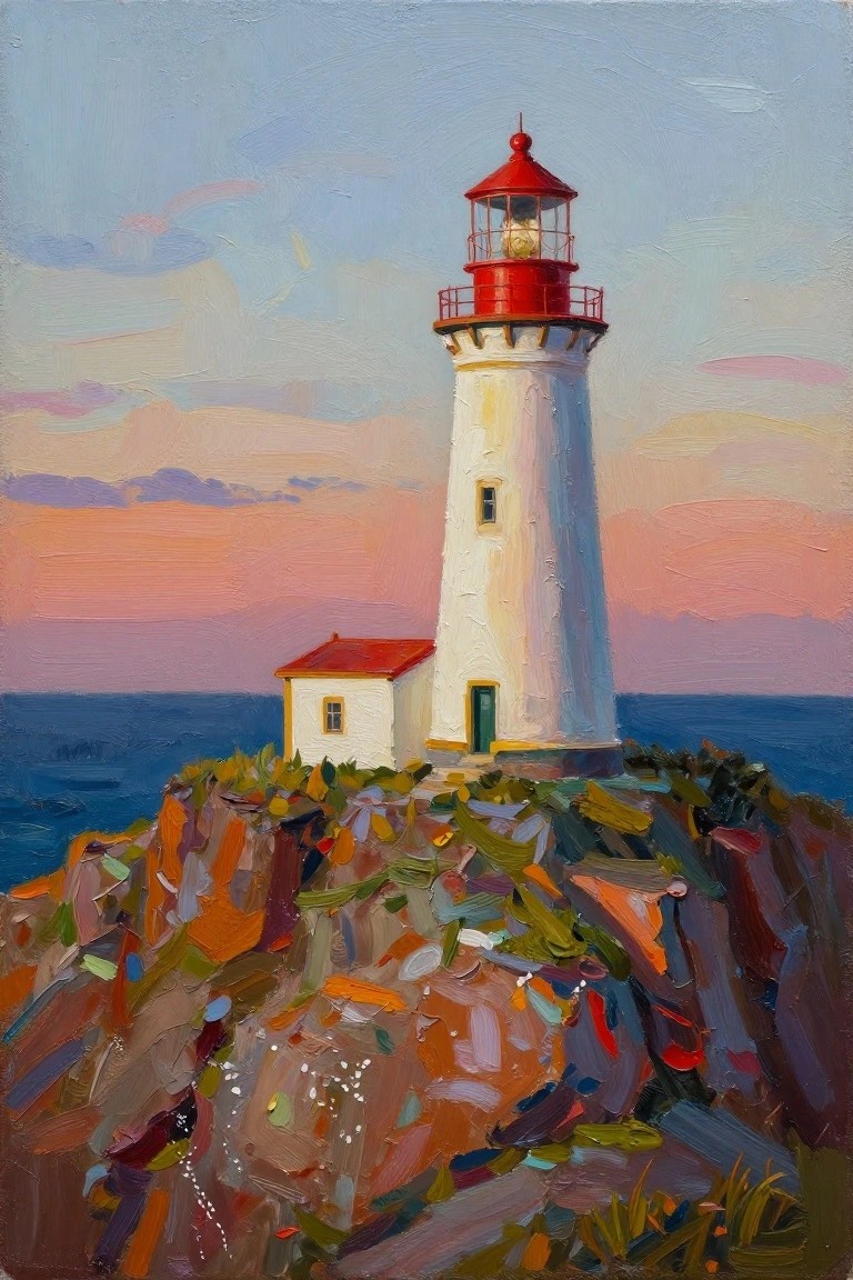 Acrylic painting of a white lighthouse with red lantern and top on rocky seaside cliffs at sunset, with small red-roofed building, ocean waves, and pink-orange sky.