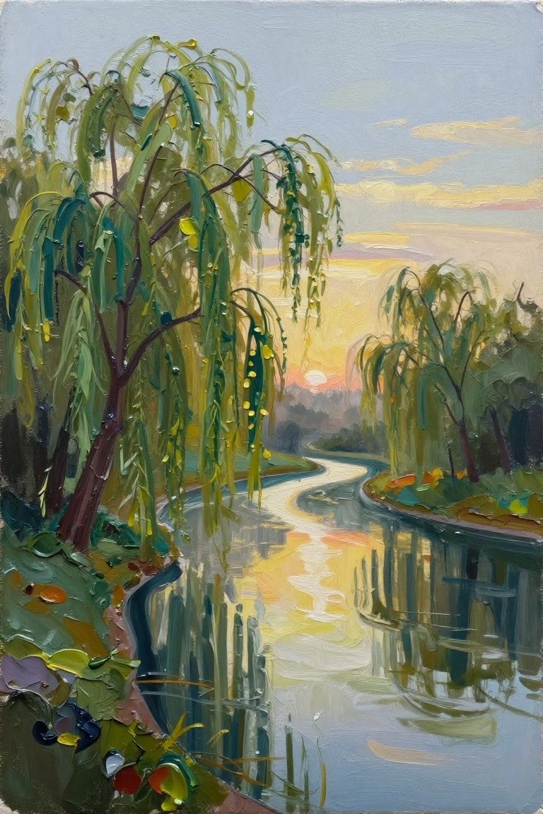 Acrylic painting of drooping green willow trees along a curving blue river reflecting a yellow-orange sunset.