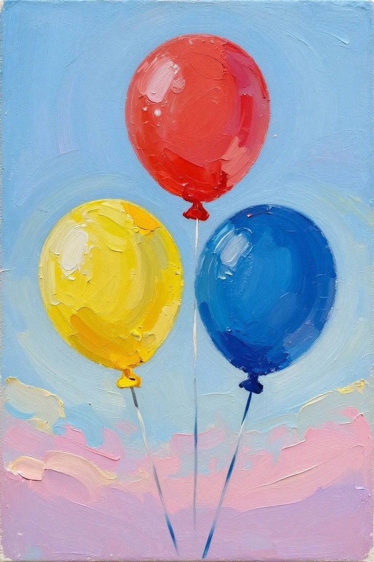 Acrylic painting idea of red, yellow, and blue balloons tied to strings and floating against a gradient blue-to-pink sky background.