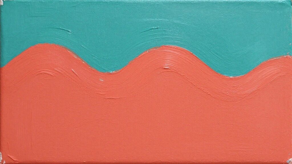 Thick curved teal brushstrokes form abstract swoops on a solid orange canvas.