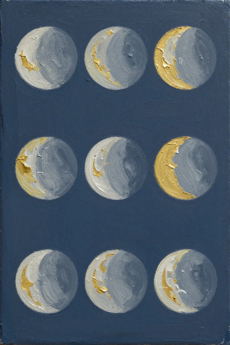 Nine circular moon phases in gold and gray paint arranged in a 3x3 grid on navy blue background.