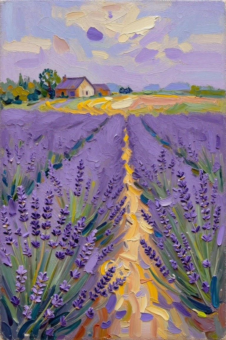Acrylic painting of purple lavender fields parted by a yellow path leading to a distant yellow farmhouse, with trees, wheat fields, and a cloudy lavender sky.