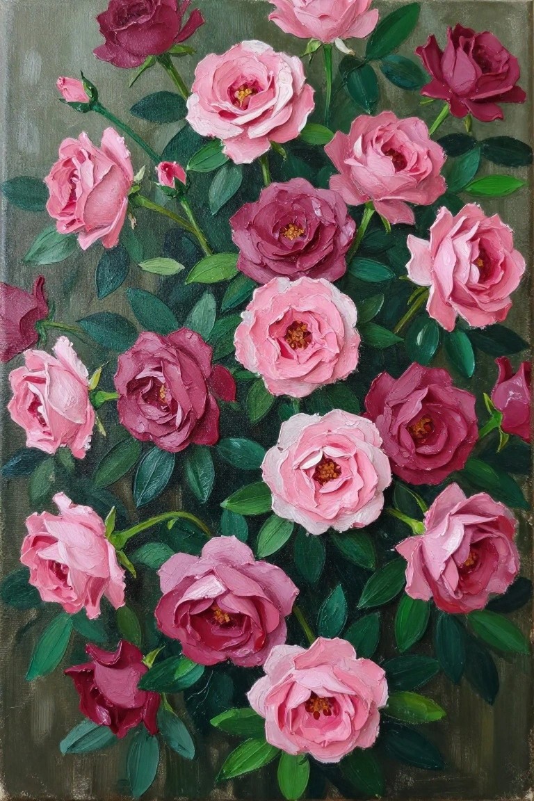 Acrylic painting featuring a dense cluster of pink to burgundy roses with green leaves against a muted green-gray background.