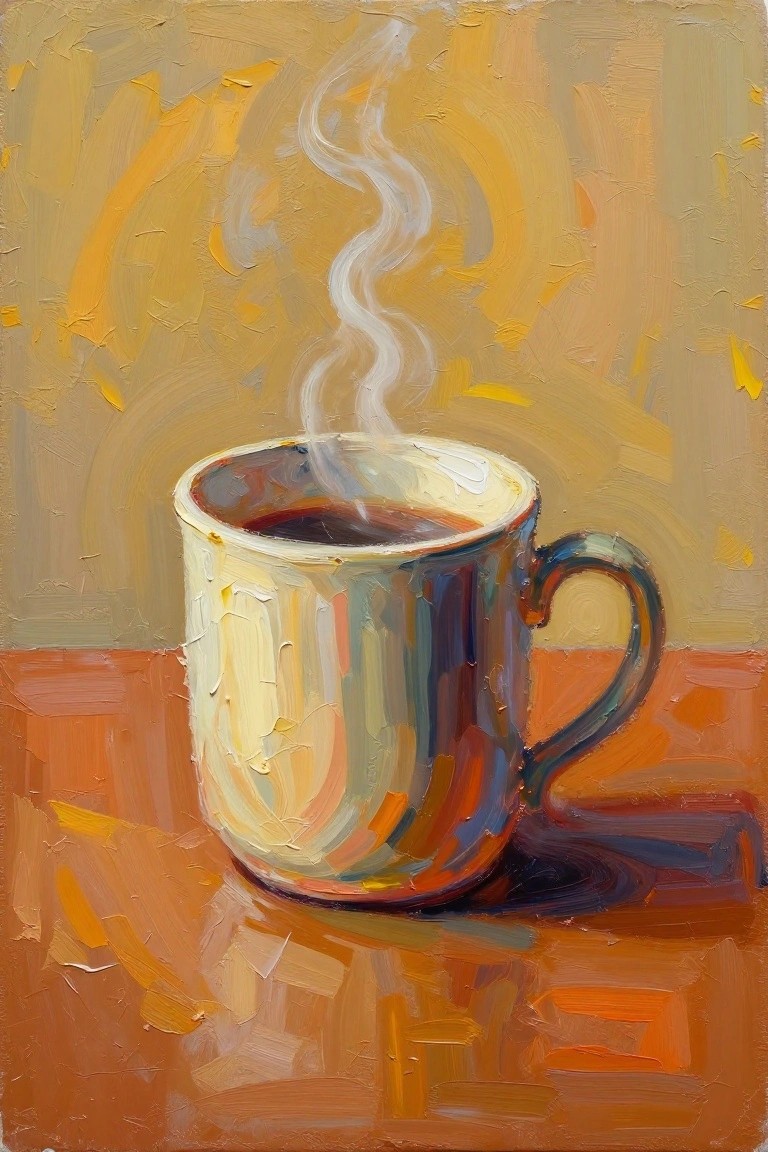 Acrylic still life painting of a white mug with dark coffee and rising steam on a wooden table in warm yellow-orange tones.