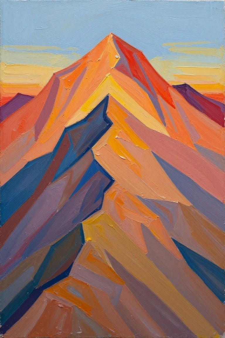 Abstract acrylic painting of a geometric mountain peak in sunset oranges, reds, yellows, blues, and purples against a sky background.