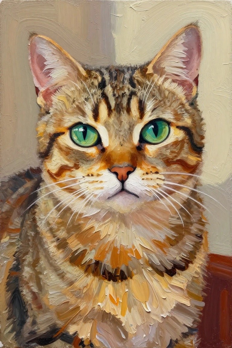 Close-up acrylic painting of a tabby cat face with green eyes, orange-brown striped fur, white whiskers, and textured brushwork against a light background.
