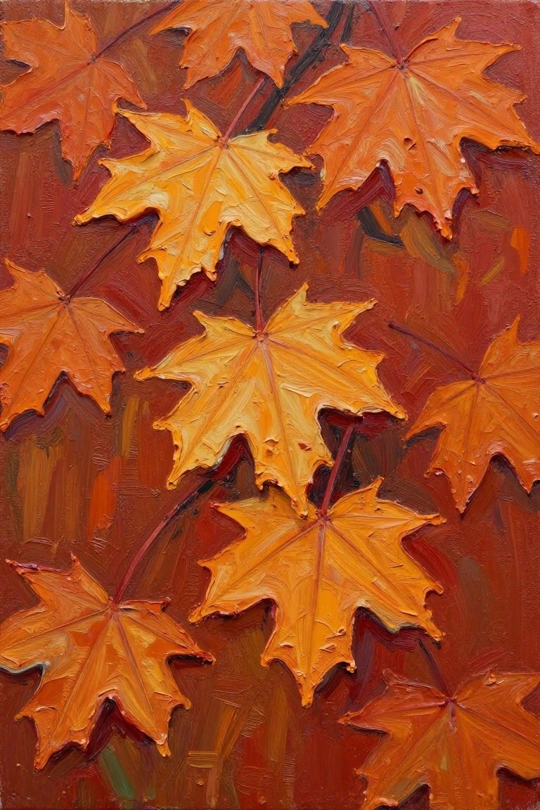 Acrylic painting featuring overlapping orange and yellow maple leaves with thick impasto texture on a reddish-brown background.