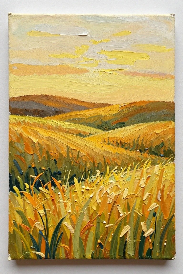 Acrylic painting of golden wheat fields rolling over hills under a textured yellow-orange sunset sky.