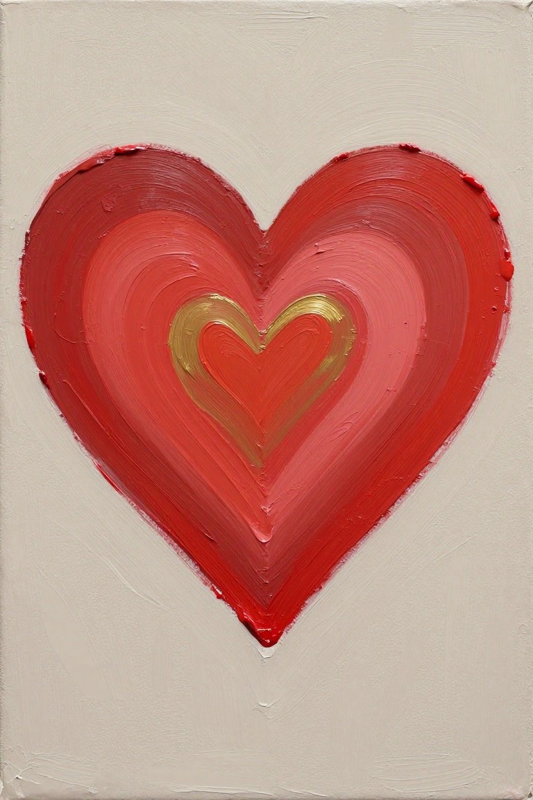 Acrylic painting of a heart shape formed by concentric swirls of red, pink, and gold paint with thick texture on a beige canvas.