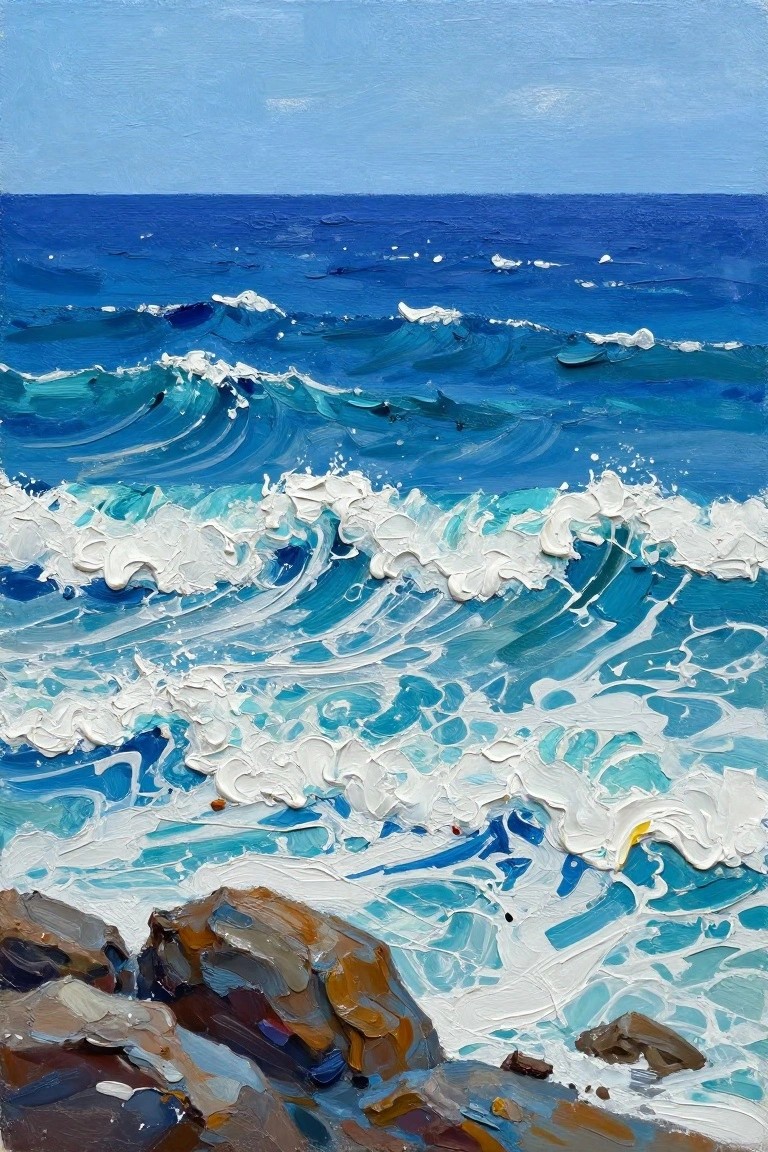 Acrylic painting of blue ocean waves with white foam crashing on brown rocks under a clear blue sky.