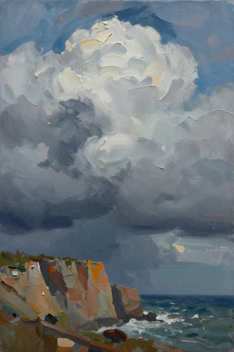 Oil painting of stormy gray clouds over orange and red cliffs dropping to blue ocean waves with whitecaps.