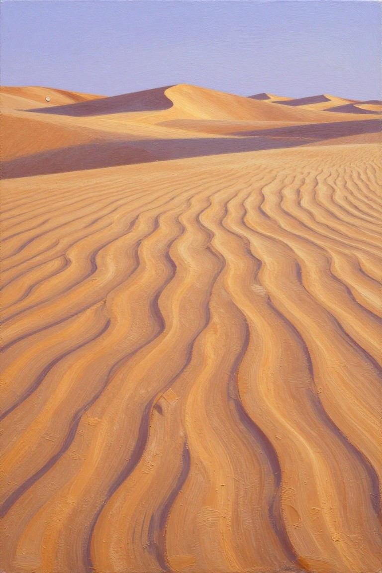 Acrylic painting of wavy orange sand dunes with thick textured strokes under a purple-blue sky and distant peaks.