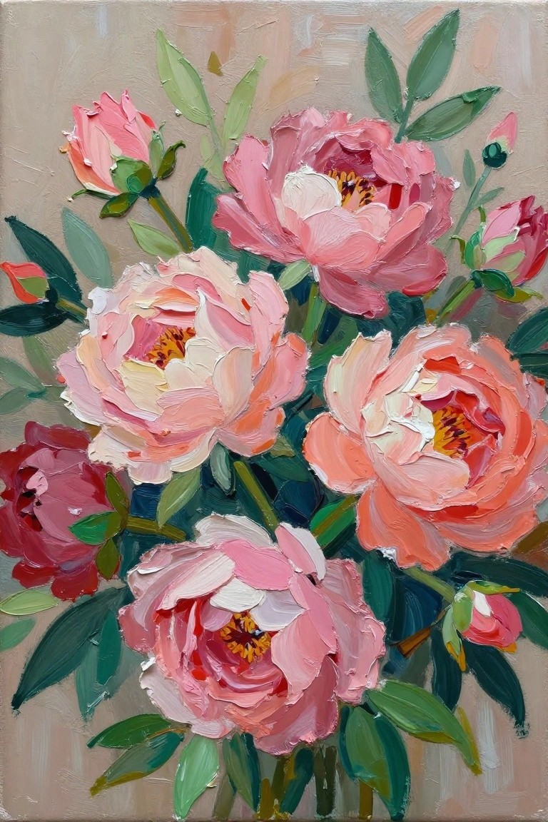 Acrylic painting of a bouquet of pink peonies with green leaves and buds on a beige background, rendered in thick textured strokes.