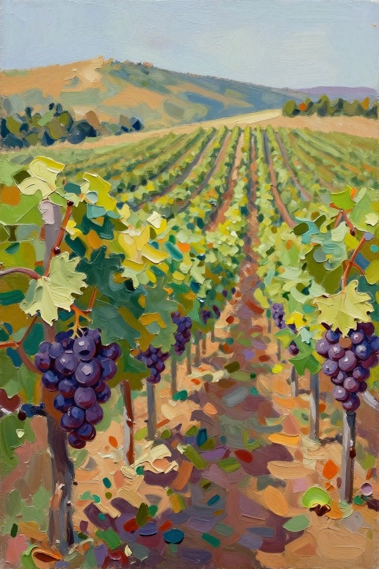Acrylic painting idea of vineyard rows with green leaves, purple grape clusters on vines, and rolling hills under a blue sky.