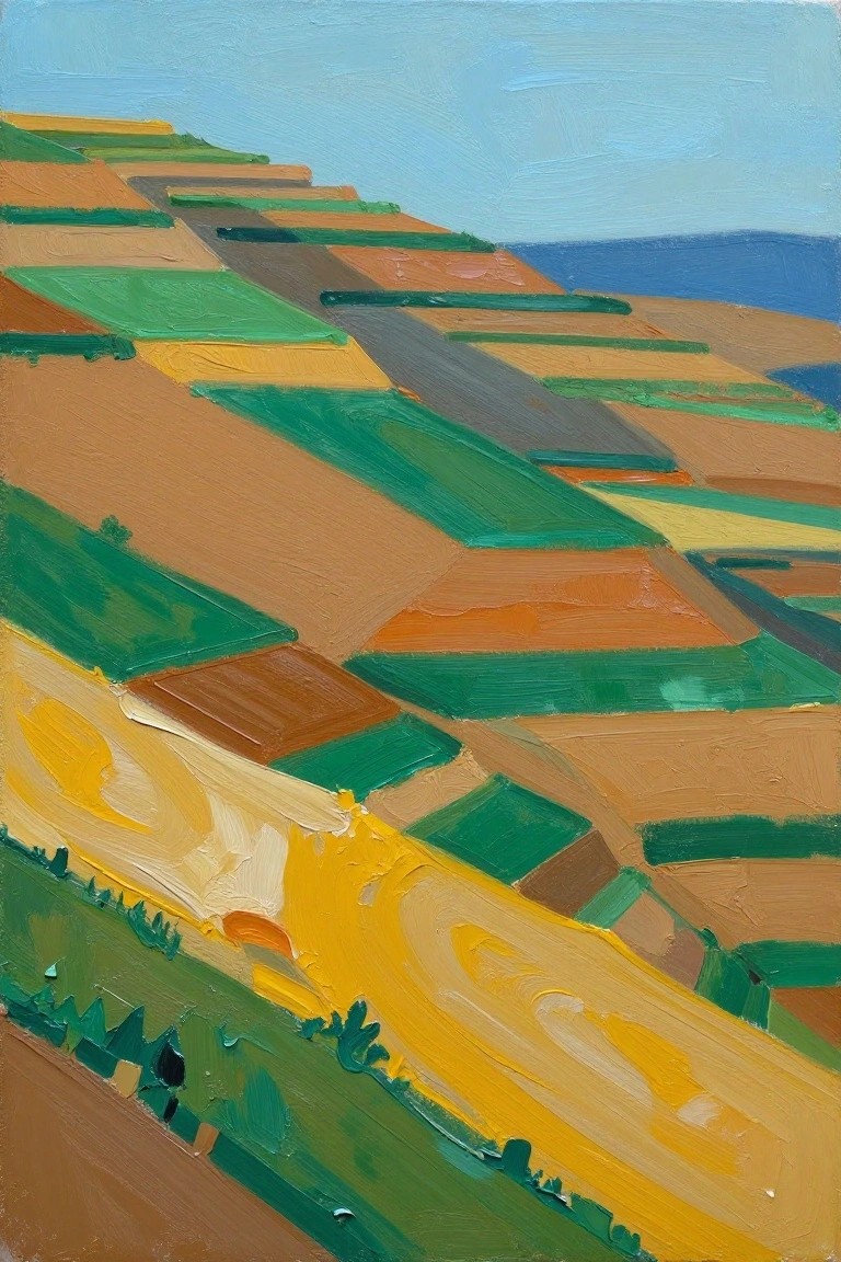 Acrylic painting of colorful terraced fields in green, yellow, brown, and orange on a steep hillside under a blue sky with distant blue water.