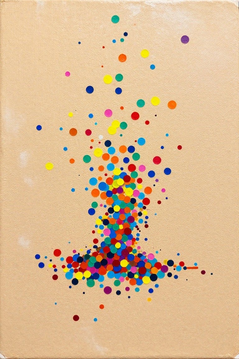 Abstract acrylic painting of multicolored dots densely clustered at the bottom center and scattering upward on a beige background.