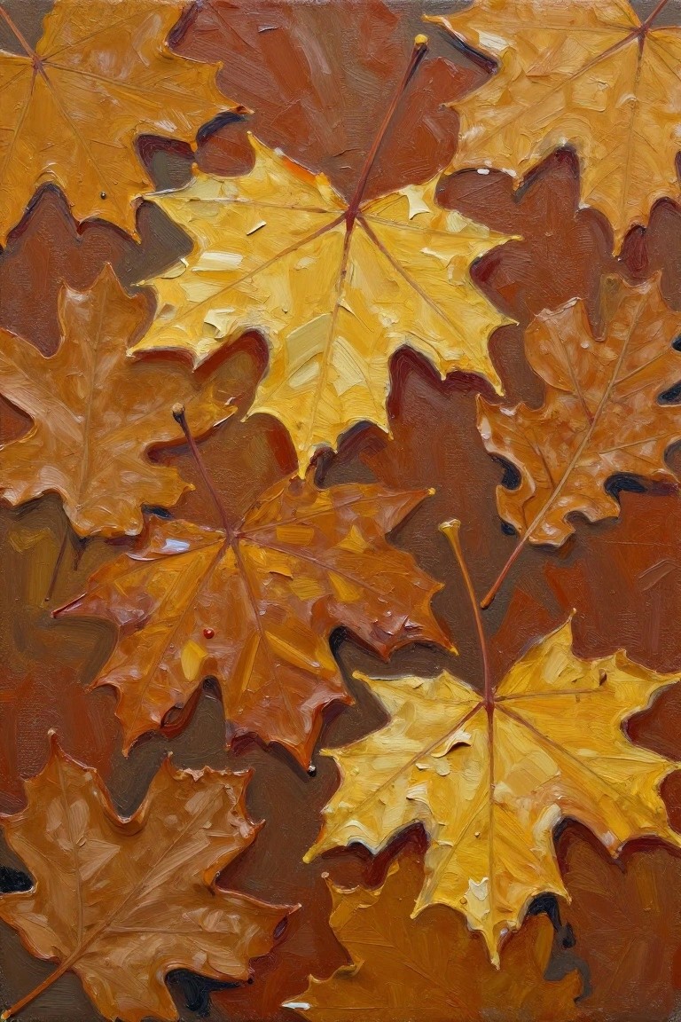 Textured painting of overlapping yellow, orange, and brown maple leaves with thick brushstrokes on a dark ground.
