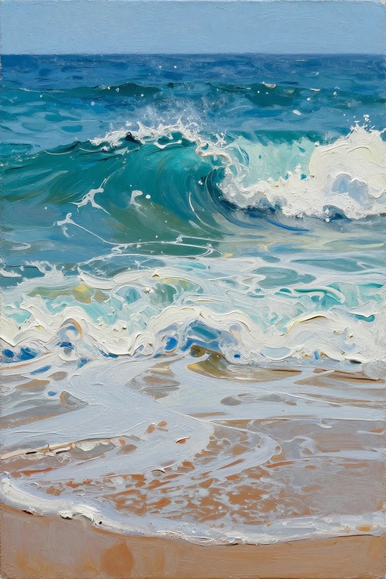 Acrylic painting of turquoise waves crashing with white foam onto orange-tinted sand under a pale blue sky.
