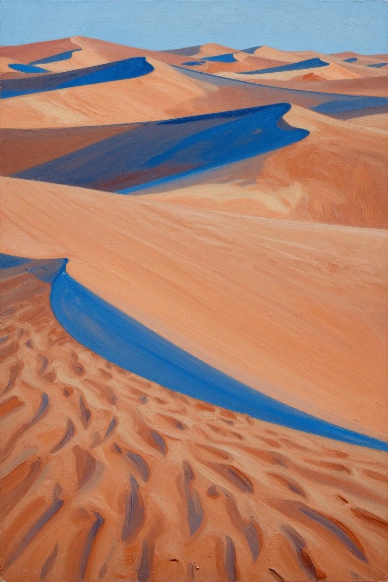 Acrylic painting of curved orange sand dunes with deep blue shadows and a light blue sky.