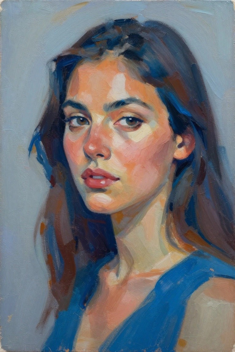 Close-up portrait painting of a young woman with wavy dark hair, wearing a blue top, against a blue-gray background.