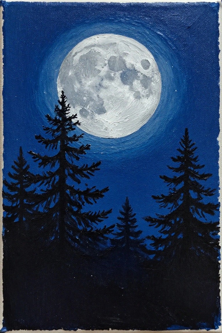 Acrylic painting on canvas showing a large textured full moon in a deep blue night sky behind several black silhouette pine trees.