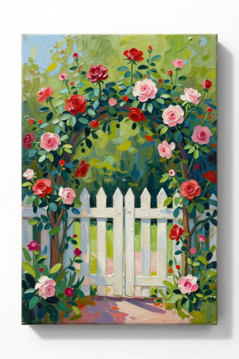 Acrylic painting of a white picket fence gate under a pink and red rose-covered archway, with a path leading into green foliage.