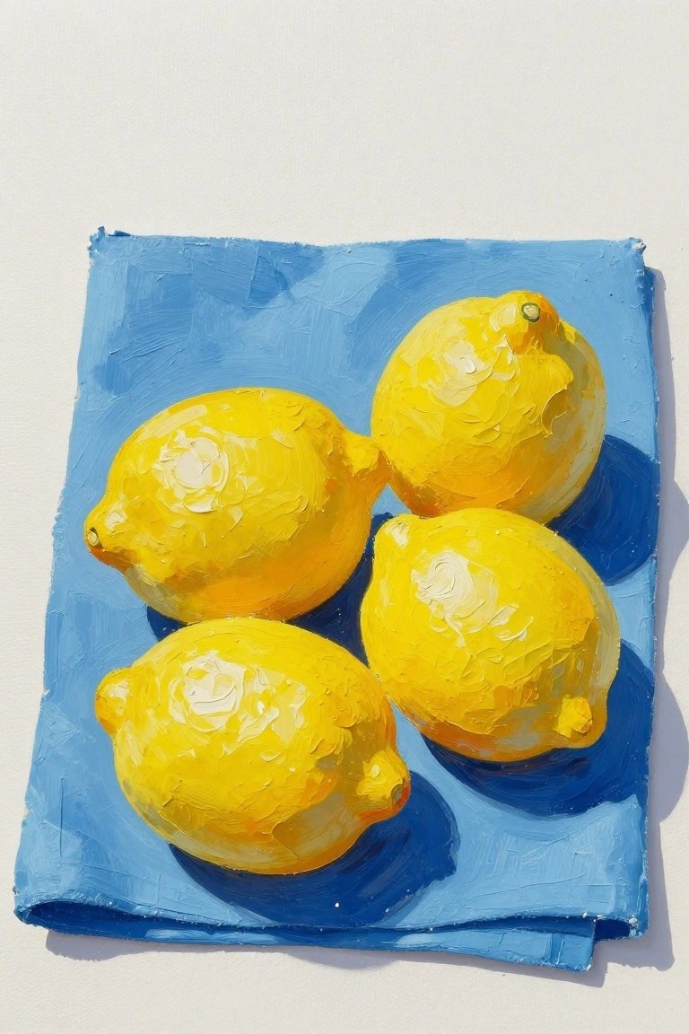 Acrylic still life painting of four textured yellow lemons on a folded blue cloth against white.