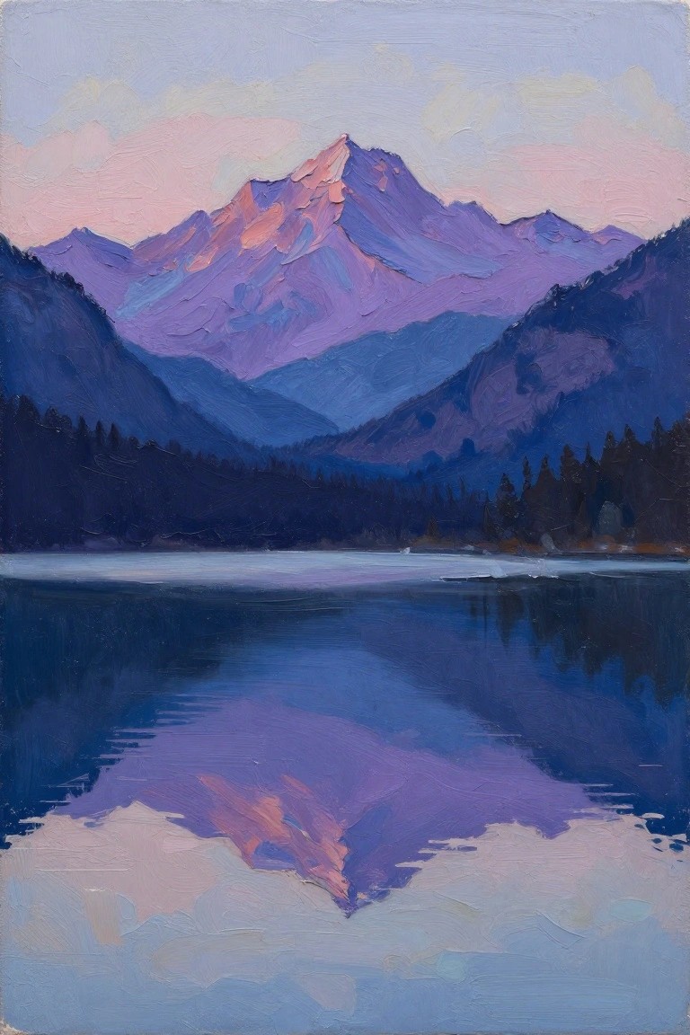 Acrylic painting of purple mountains with pink alpenglow reflected in a blue lake amid dark forests at twilight.