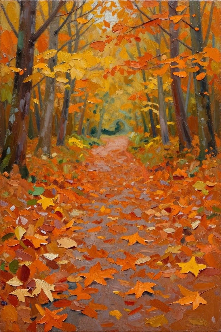 Acrylic painting of a leaf-covered path winding through autumn trees with orange and yellow foliage.