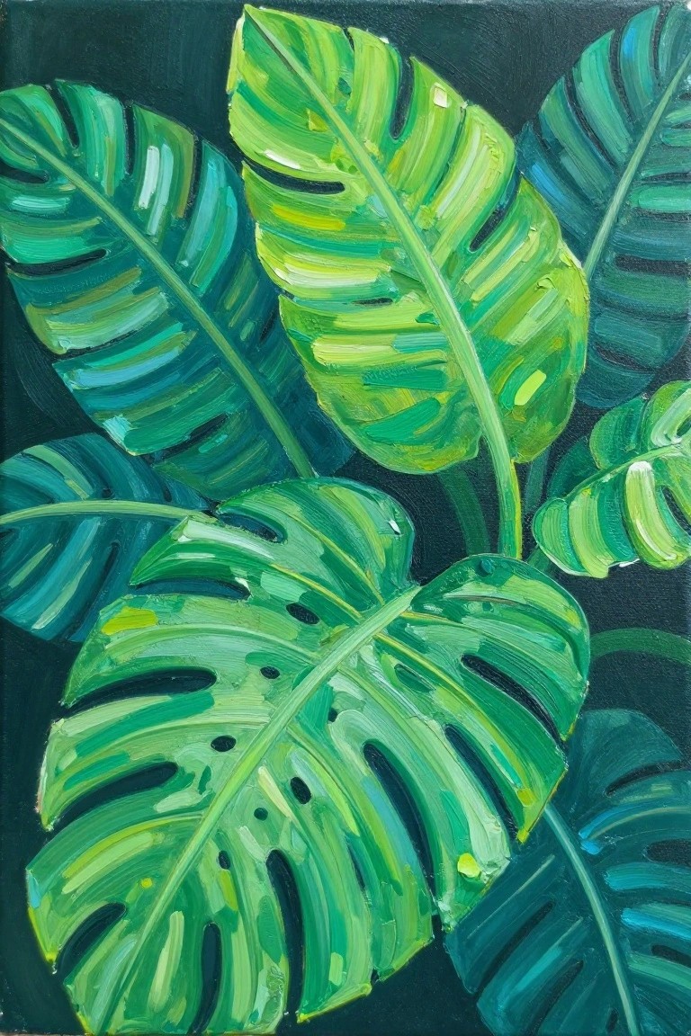 Acrylic painting of overlapping monstera leaves in varied bright green shades on a deep black background.