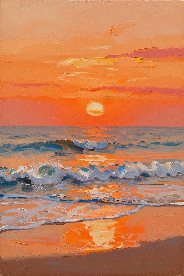 Acrylic painting of an orange sun setting over blue ocean waves with a sandy beach foreground and warm sky reflections.