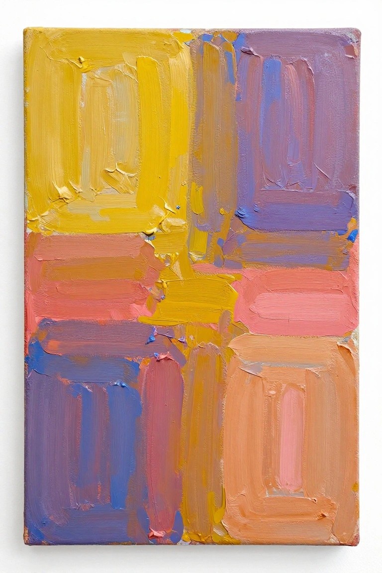 Abstract acrylic painting of irregular rectangular color blocks in yellow, orange, pink, purple, and blue with thick textured brushstrokes on canvas.