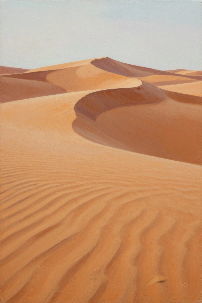 Acrylic painting of curved orange sand dunes with ripple textures against a light sky.