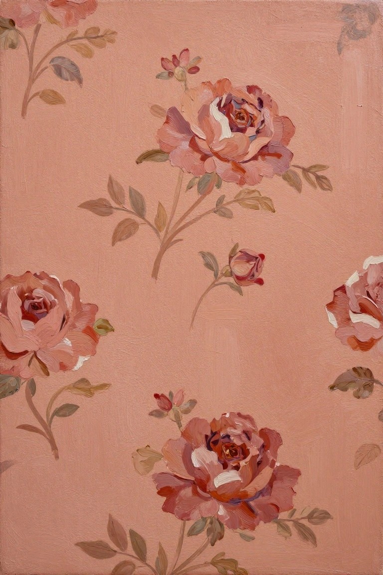 Acrylic painting featuring scattered pink roses, buds, stems, and leaves on a soft peach background.