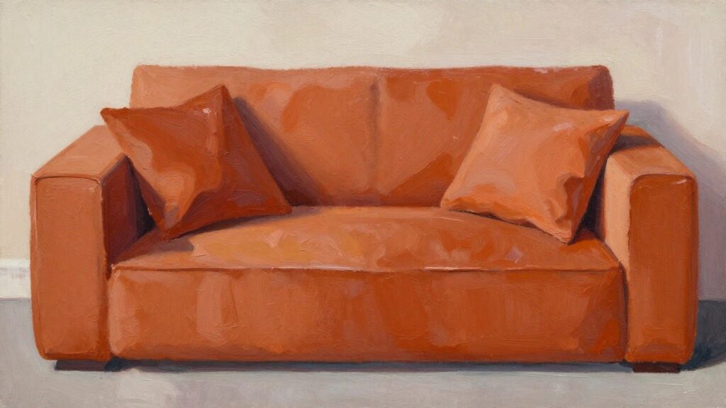 Acrylic painting of overlapping rectangular pillows in red, beige, and teal hues on a pinkish background.