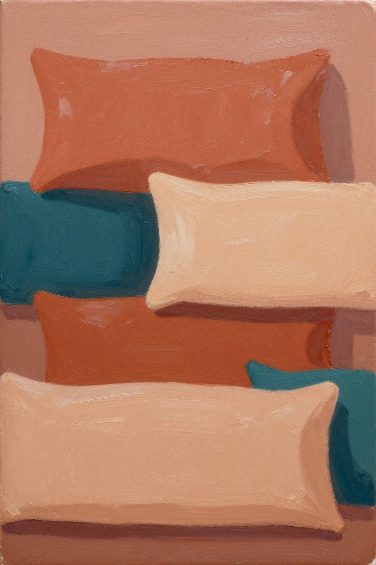 Acrylic painting of overlapping rectangular pillows in red, beige, and teal hues on a pinkish background.