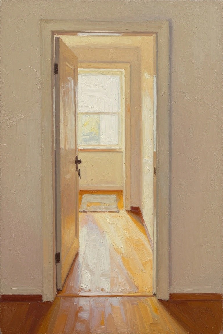 Oil painting of an open door revealing a sunlit hallway with wooden floors, beige walls, and a window at the end.