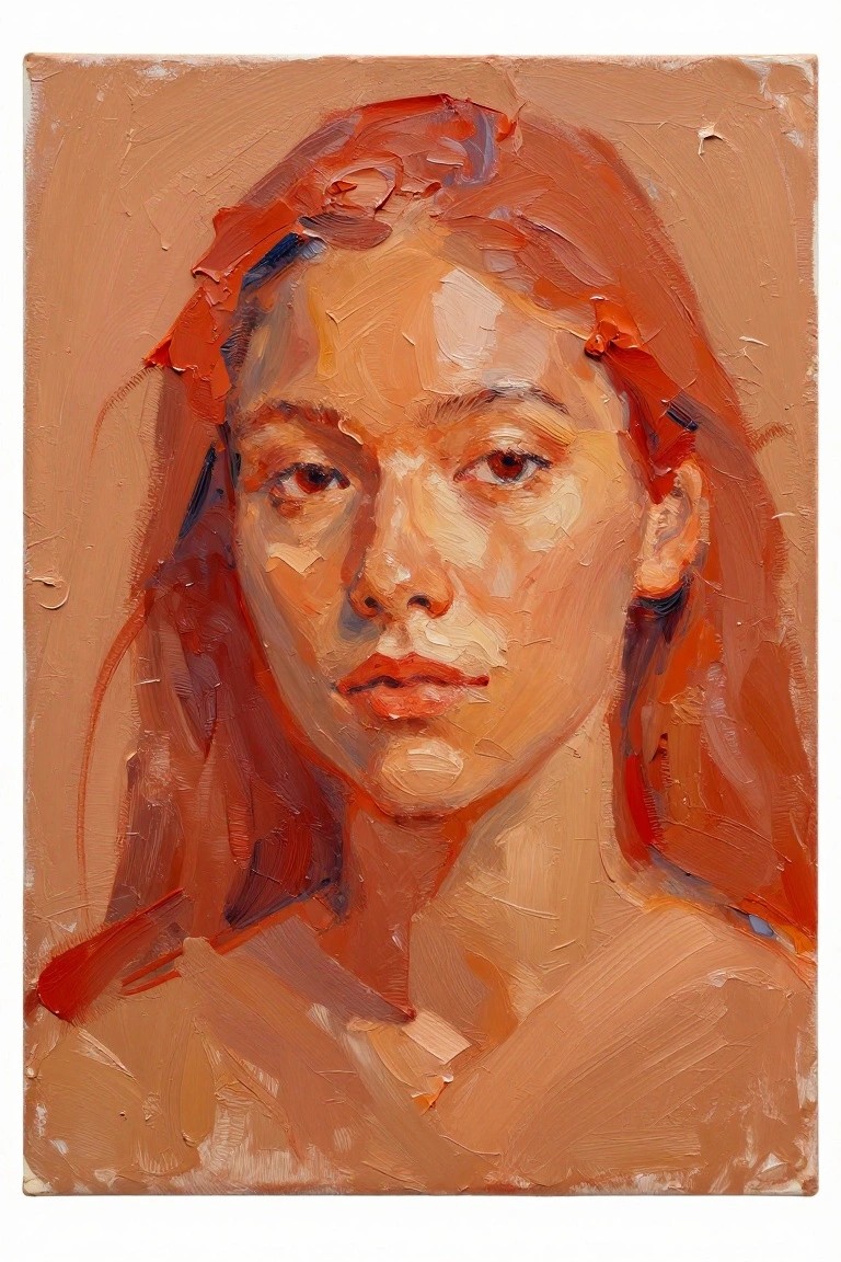 Close-up portrait painting of a young woman with red hair and warm skin tones using textured orange brushstrokes on canvas.