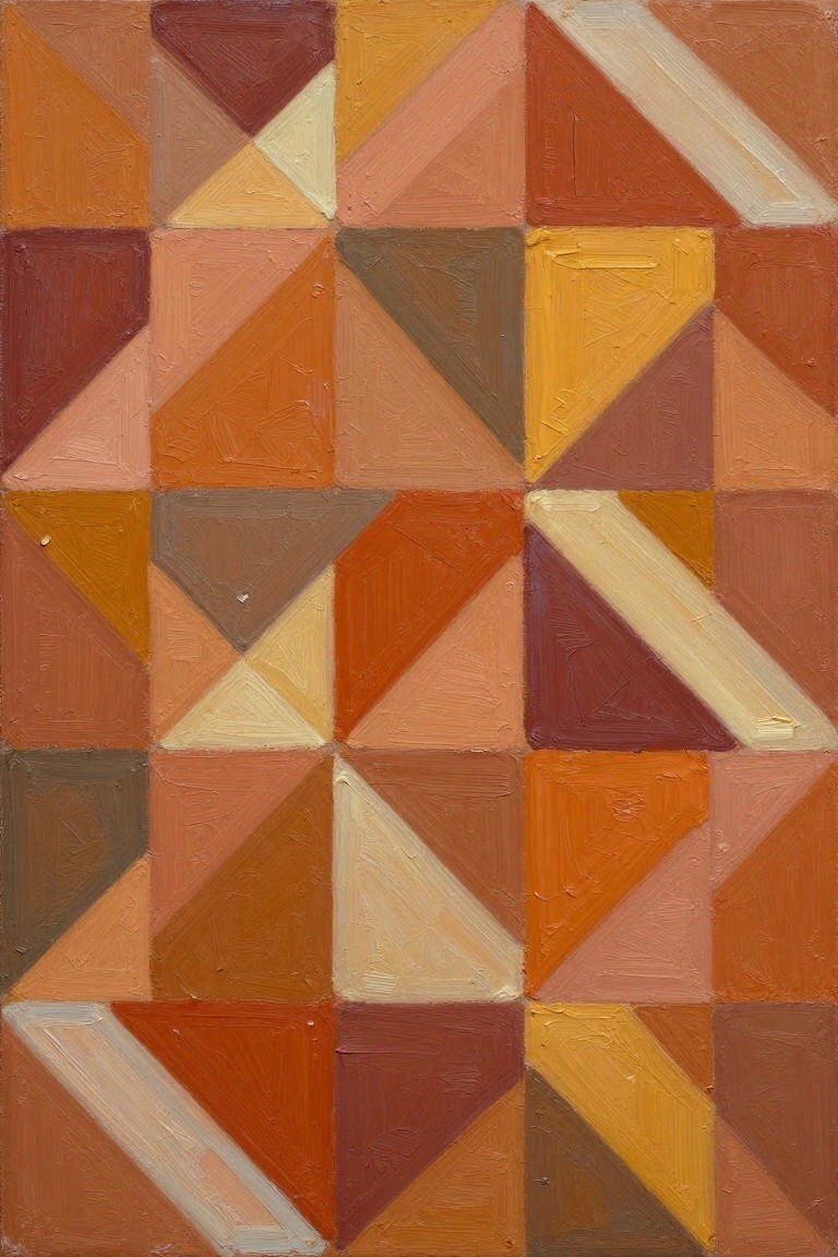Acrylic painting of interlocking triangles in warm orange, yellow, brown, and beige tones forming an abstract geometric pattern.