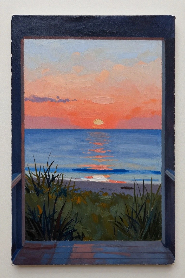 Acrylic painting depicting a sunset over the ocean seen through a dark rectangular window frame, with sea grass in front and a wooden deck below.