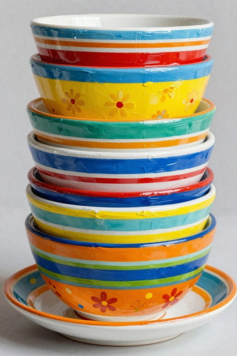 A stack of colorful ceramic bowls with striped and floral patterns sits on a matching plate against a plain background.