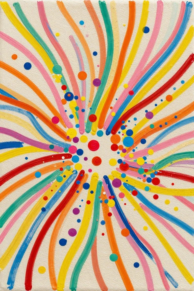 Abstract acrylic painting with a central burst of multicolored dots and radiating curved lines in bright hues on a beige background.