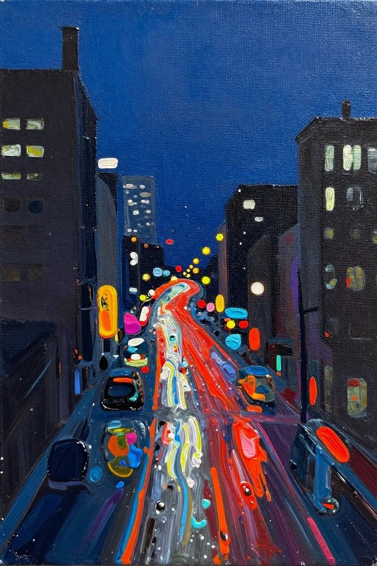 Acrylic painting of a nighttime urban street curving into the distance with streaking red and multicolored car lights on wet pavement, flanked by dark buildings under a blue sky.
