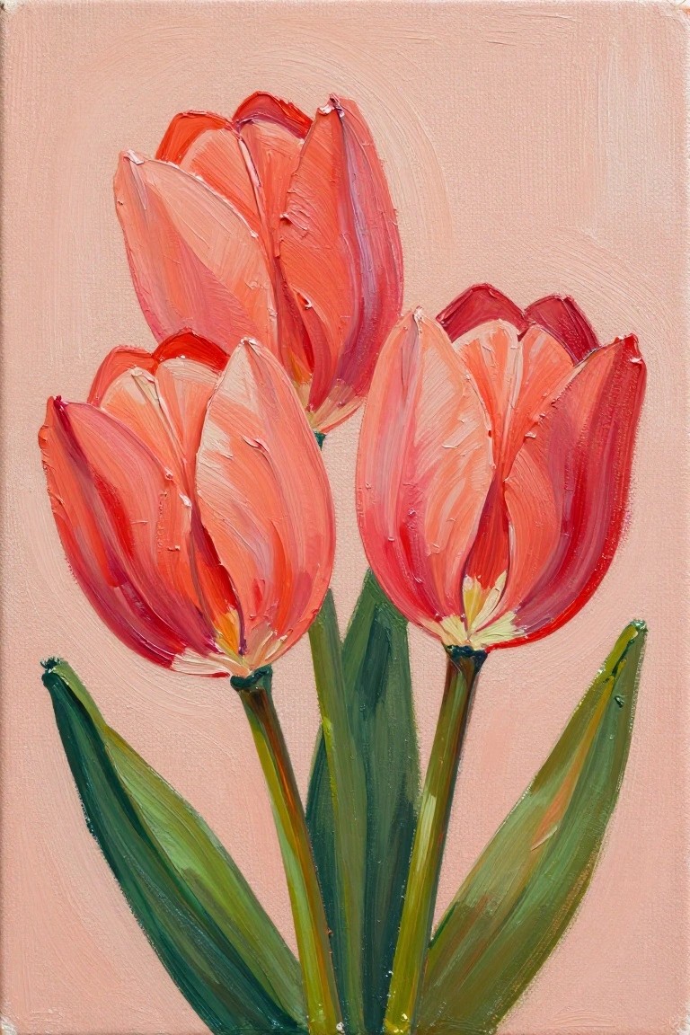 Three red tulips with thick brushstrokes and green leaves on a pink background.